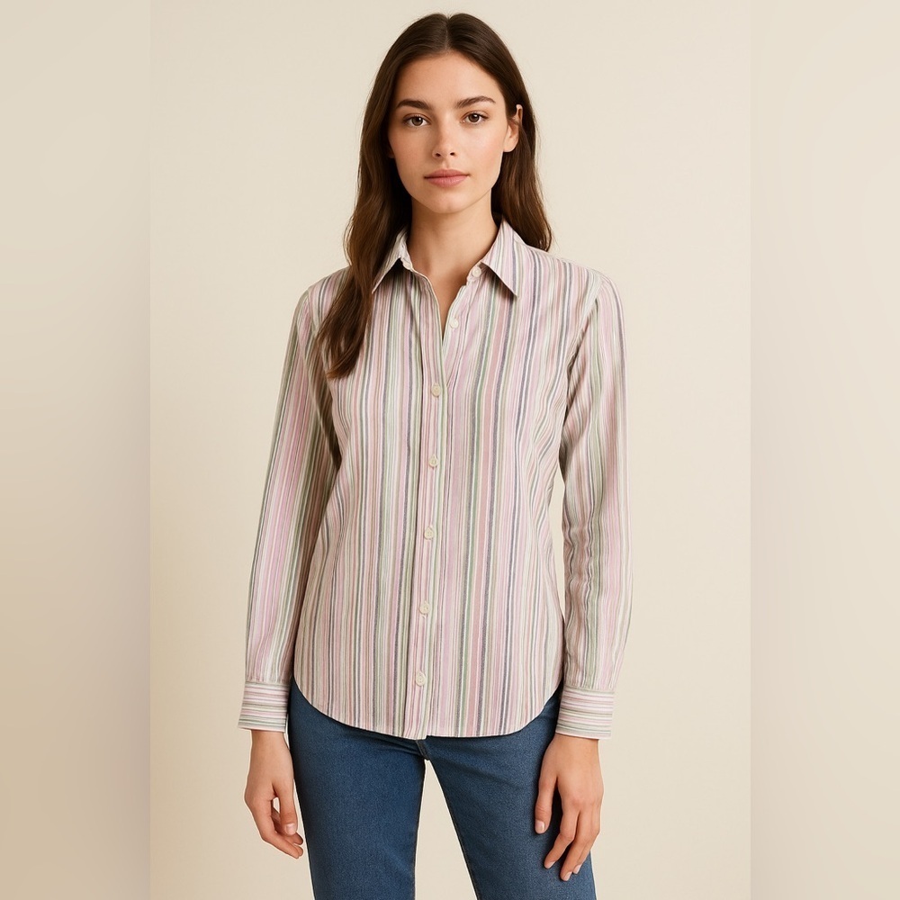 Tahari Nautical Women Multicolor Striped Button Shirt L Preppy Minimal Western